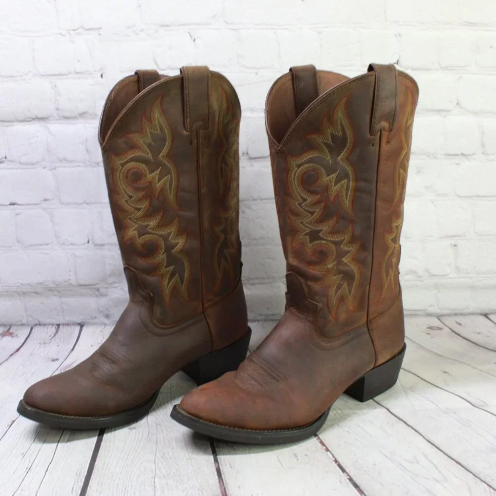 Justin Brown Leather Pointed Toe Slip on Western Cowboy Boots Size 9 D - Picture 2 of 9